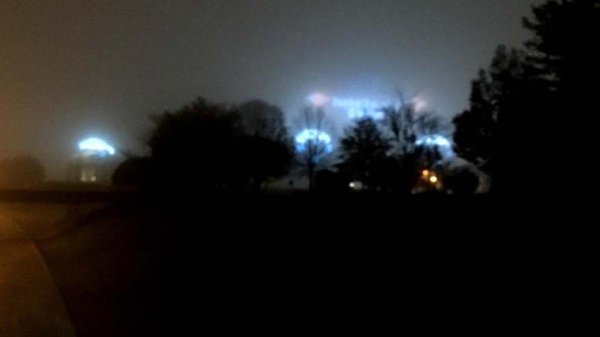 Bank of America Stadium was hidden in fog Wednesday morning in uptown Charlotte.