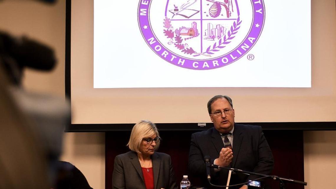 Mecklenburg County Manager Dena Diorio, left, and Keith Gregg, the county's Chief Information Technology Officer, right, speak at a press conference Wednesday at the Government Center about the hacking of Mecklenburg County's servers.