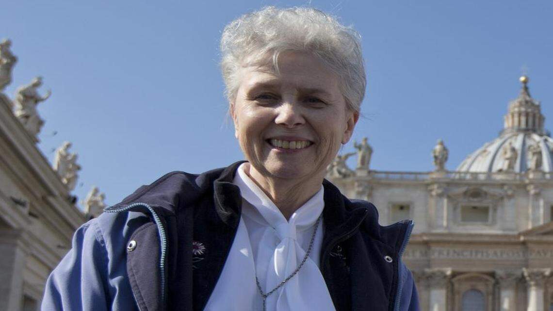 
Sister Jeannine Gramick, executive director of the Catholic gay rights group New Ways Ministry, poses for a photo in front of St. Peter's Basilica, at the Vatican, on Feb. 18, 2015. 
