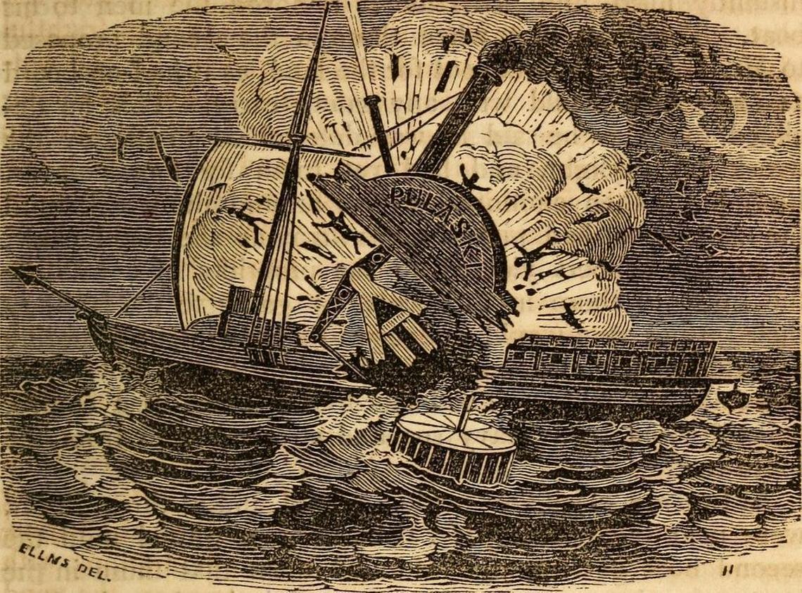 The Pulaski explodes, from Page 170 of an 1848 book by Charles Ellms.