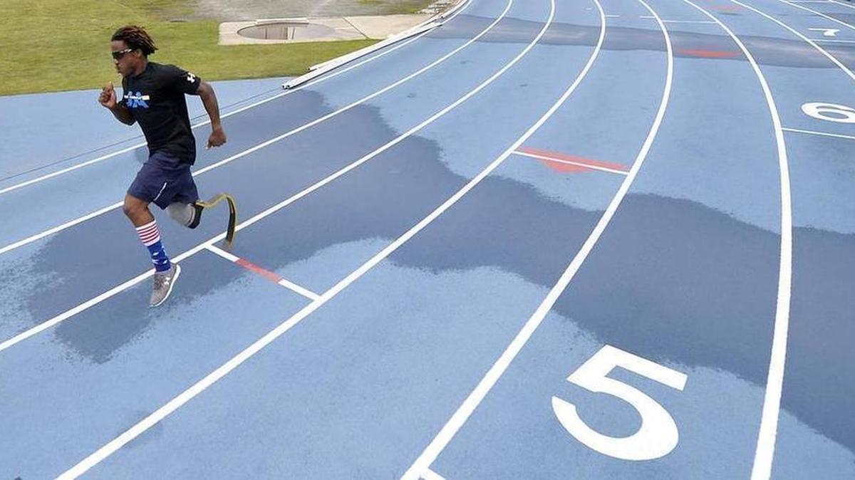 Paralympic athlete Paul Peterson III prepares for practice in May at the Irwin Belk Complex at Johnson C. Smith University.