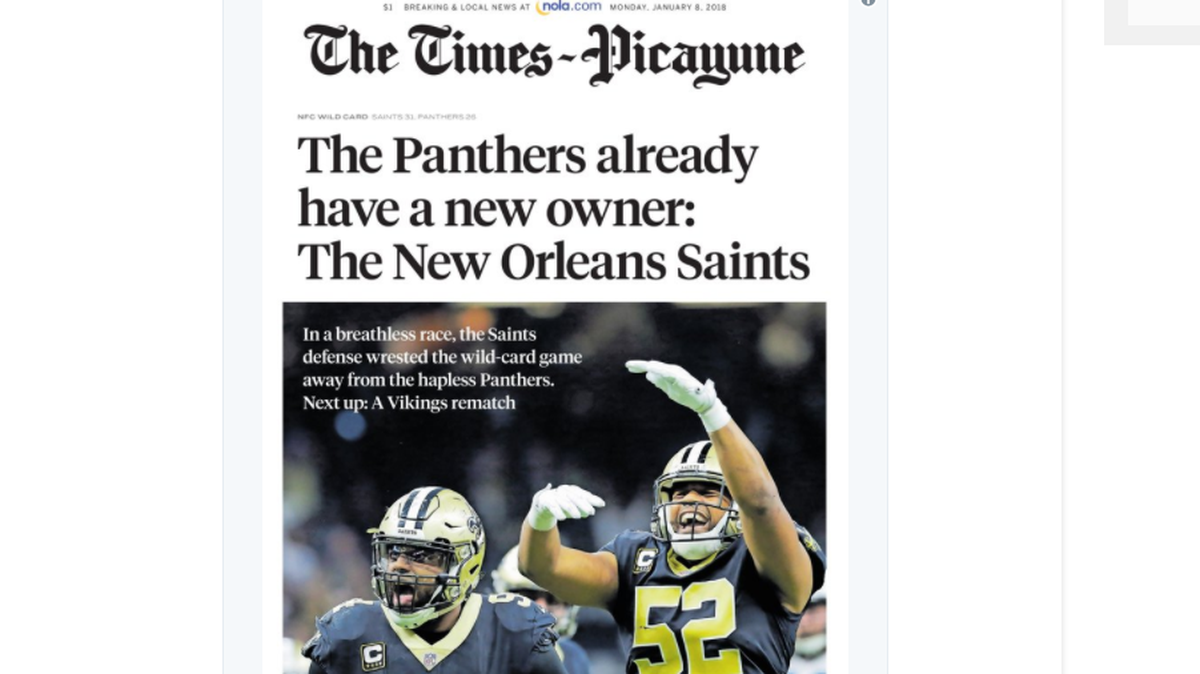 The Times-Picayune writes blistering headline about Panthers after loss Sunday.