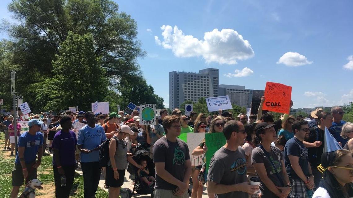 People gathered in Marshall Park on Saturday for Charlotte’s March for Science, part of a global March for Science calling for funding for research. Many also protested President Trump’s environmental policies.