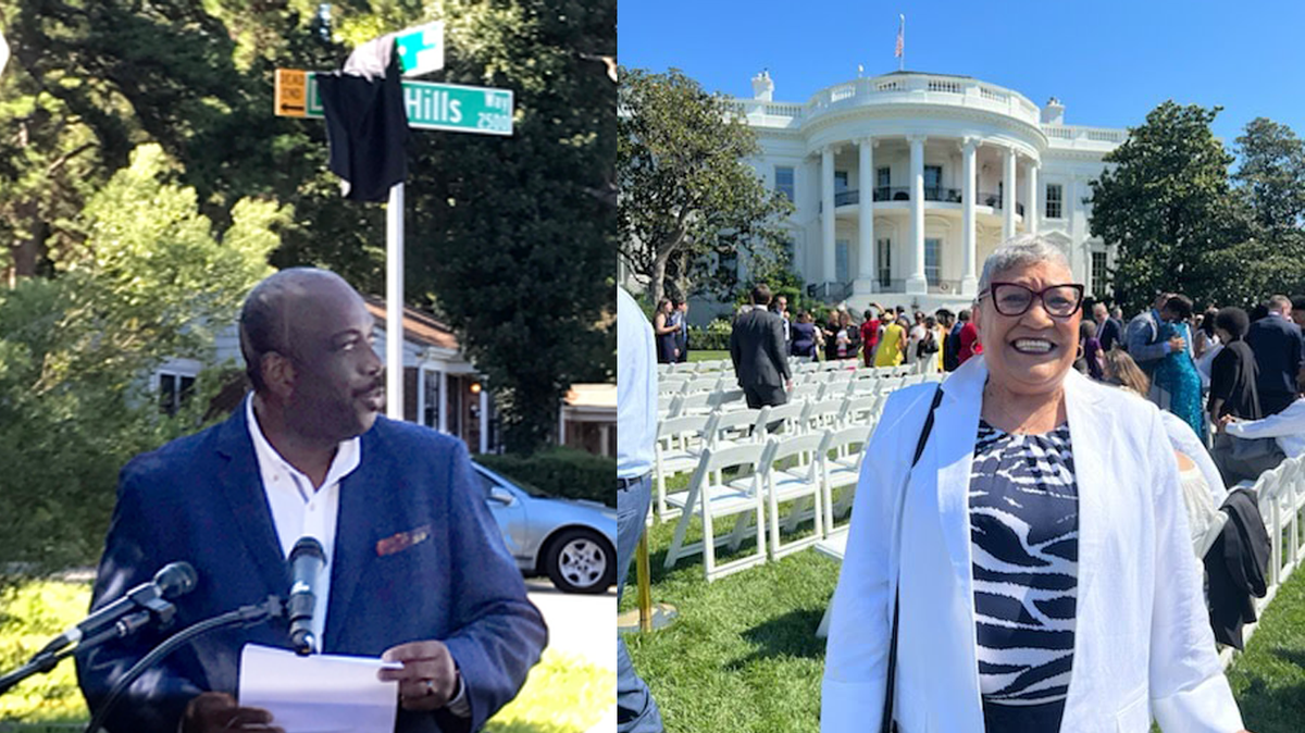Left: Malcolm Graham speaks at the renaming of Druid Hills Way (The Pham). Right: Rev. Sharon Risher smiles at the camera during a White House celebration of the Bipartisan Safe Communities Act on July 11. (Courtesy of Risher)