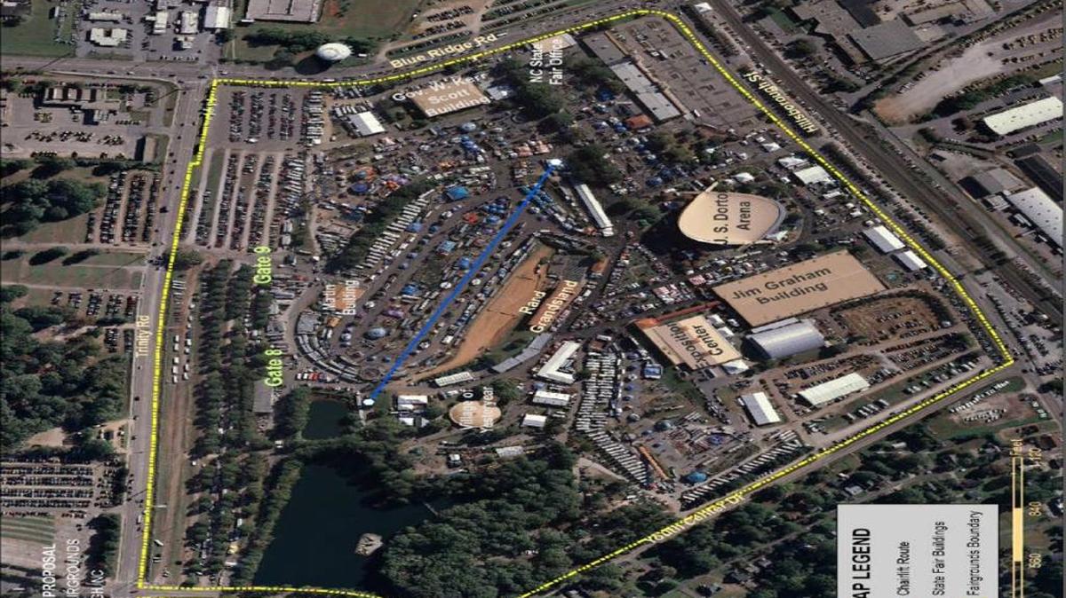 The blue line indicates the proposed route of an aerial lift at the N.C. State Fair.