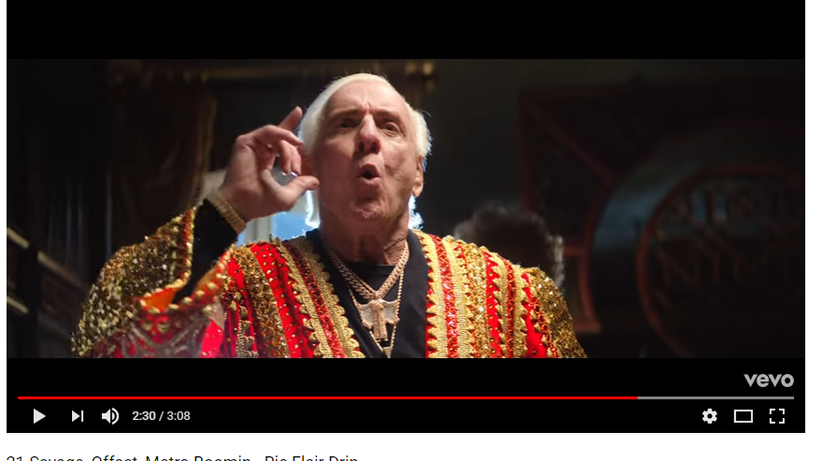 Ric Flair in the video “Ric Flair Drip,” by wrappers 21 Savage, Offset, Metro Boomin.