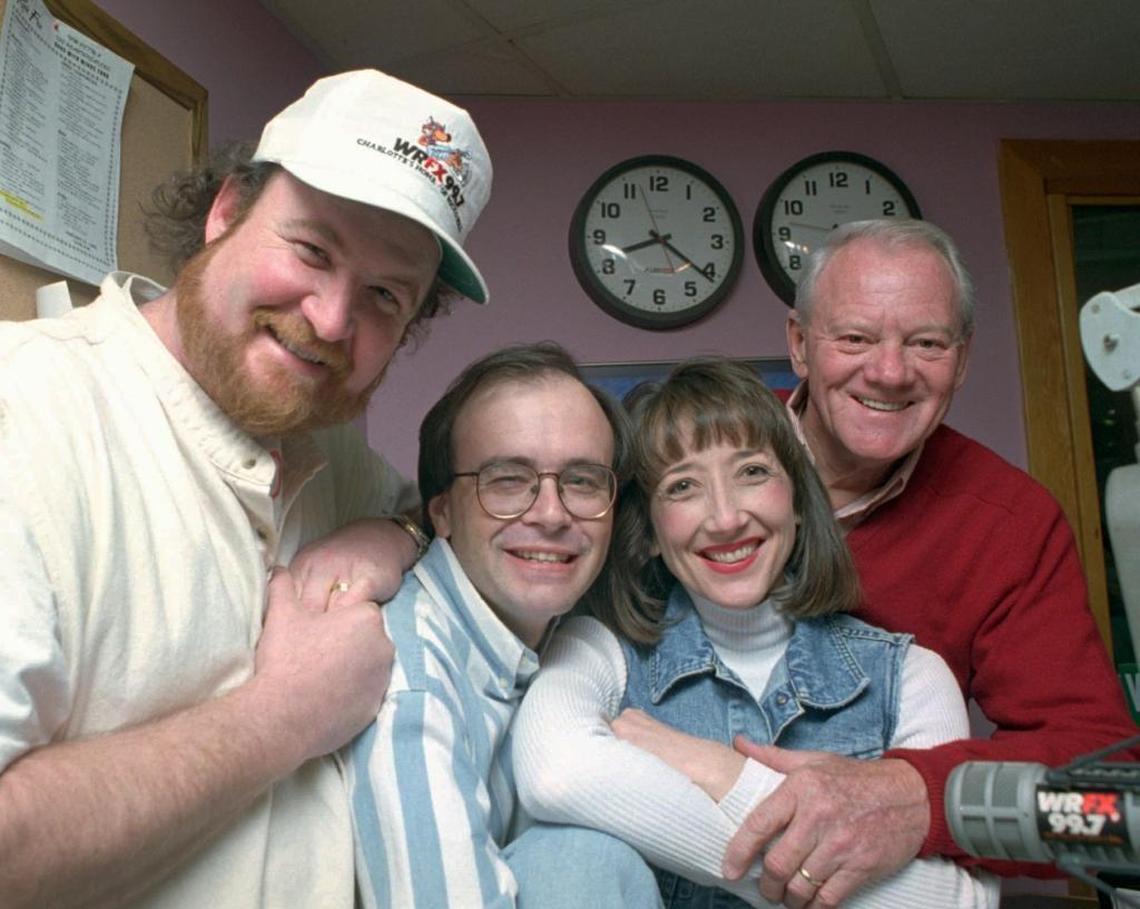 “Newsman/curmudgeon Robert D. Raiford” is how he was described in his work on the “John Boy and Billy” show; Raiford is at far right; Claire B. Lang also did news and commentary.