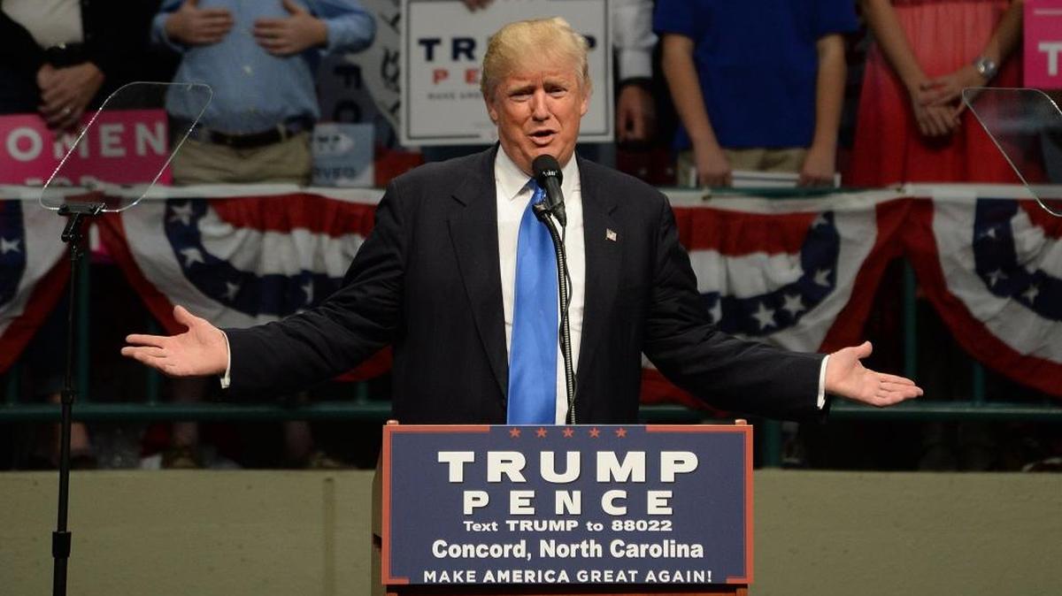 Republican presidential candidate Donald Trump speaks during a rally at the Cabarrus Arena and Events Center in Concord.
