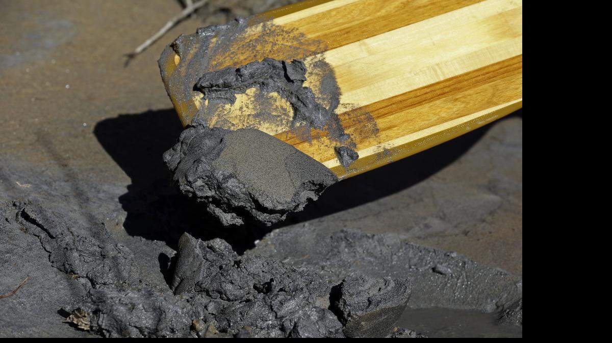 
Coal ash is scooped up on a canoe paddle from the bank of the Dan River after a spill of coal ash in February 2014. 
