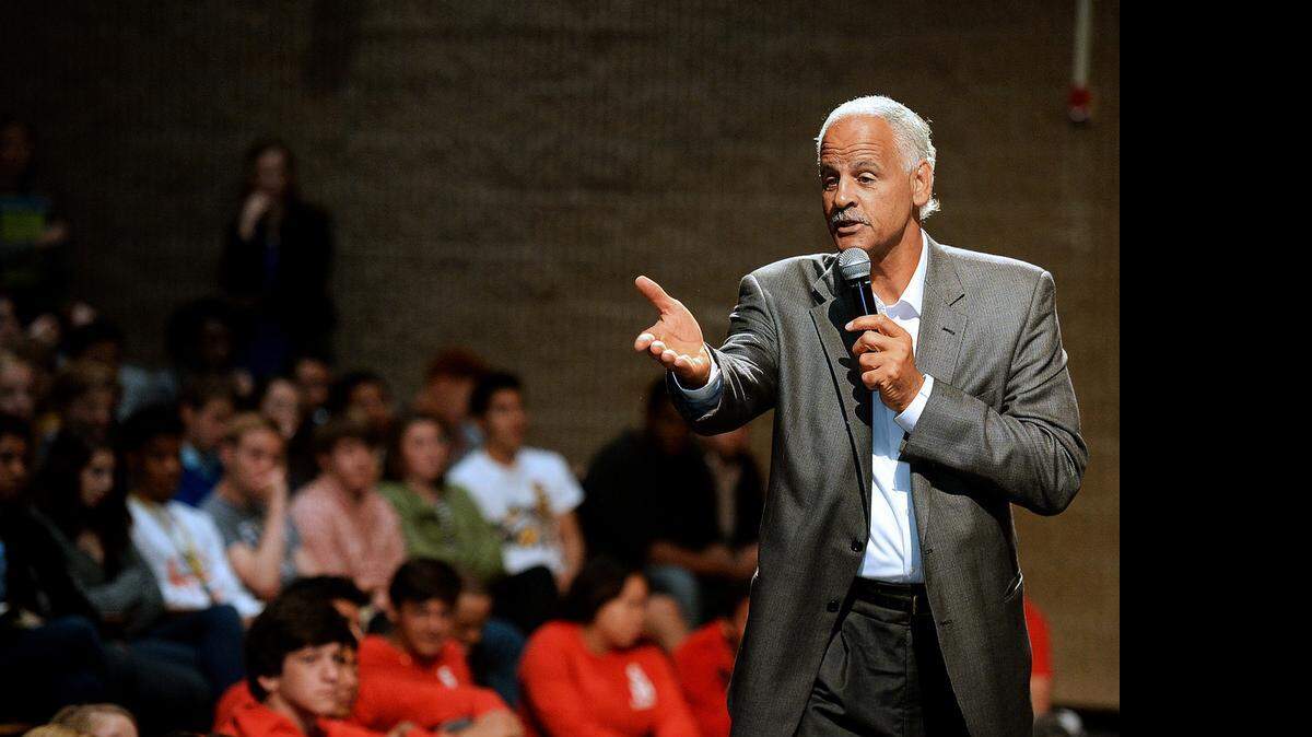 
Stedman Graham talks to students about self determination and building their own life brand Friday during one of the Stedman Graham student workshops at South Mecklenburg High. Graham, New York Times best-selling author, inspirational speaker, and longtime companion of Oprah Winfrey, will be in Charlotte, NC April 17-24 as part of The Live Sonima Tour, a live show program that inspires students across the country, teaching identity and inspiring a generation through music and motivational speaking.

