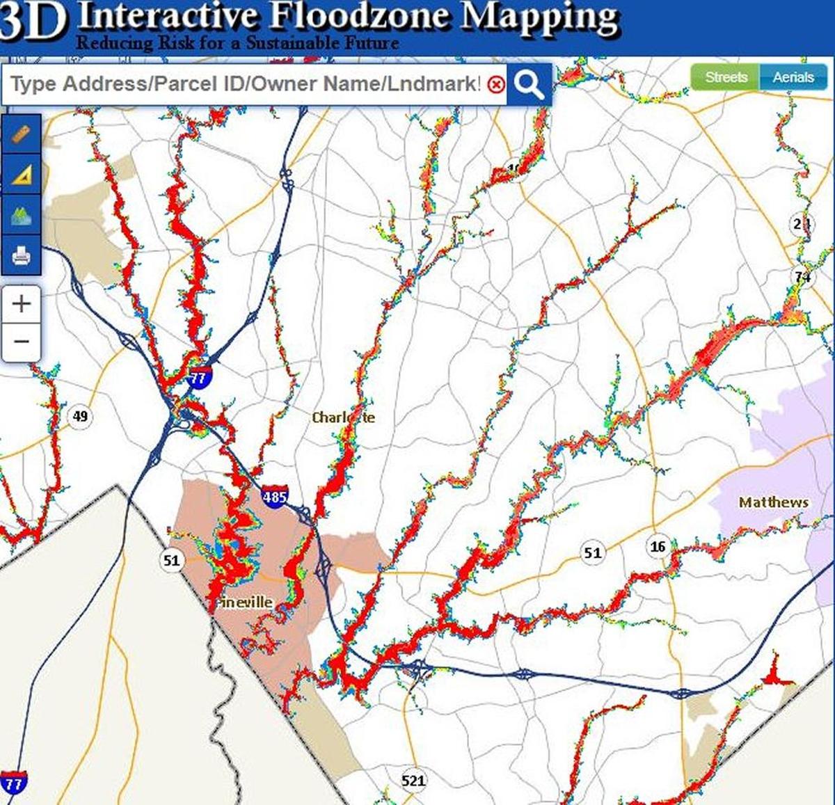 An online mapping tool shows the risk of flooding in Mecklenburg County, its horizontal extent and the depth of water at differing flood severity levels. This example shows, in red, that the annual risk of flooding on many creeks in southern Mecklenburg is 20 percent to more than 50 percent.