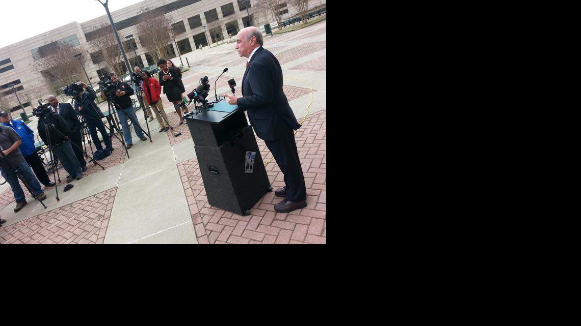 
Mayor Dan Clodfelter speaks to the media Wednesday on the day before the first anniversary of Patrick Cannon’s arrest. 
