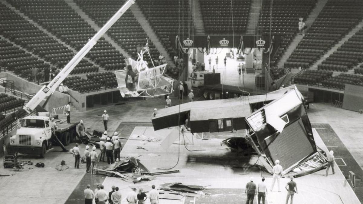 New scoreboard at new Charlotte Coliseum after falling to the floor in a 1988 photo taken by Jeep Hunter.