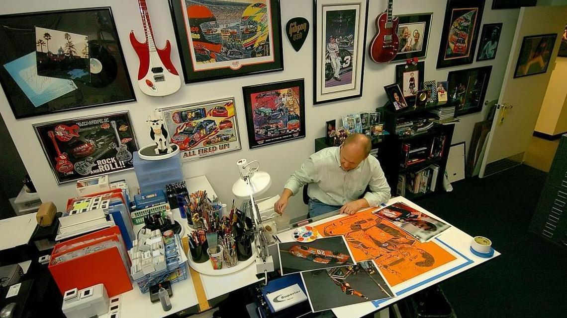 Sam Bass working on a Tony Stewart piece in 2006. NASCAR artwork and memorabilia belonging to Bass is being sold Wednesday at an auction ordered by a bankruptcy court. He called it “heartbreaking to watch 36 years of your life go on the auction block today, due to medical bills!”