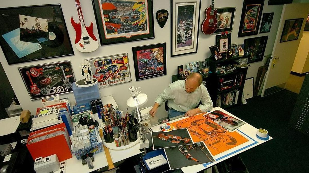 Sam Bass working on a Tony Stewart piece in 2006. NASCAR artwork and memorabilia belonging to Bass is being sold Wednesday at an auction ordered by a bankruptcy court. He called it “heartbreaking to watch 36 years of your life go on the auction block today, due to medical bills!”