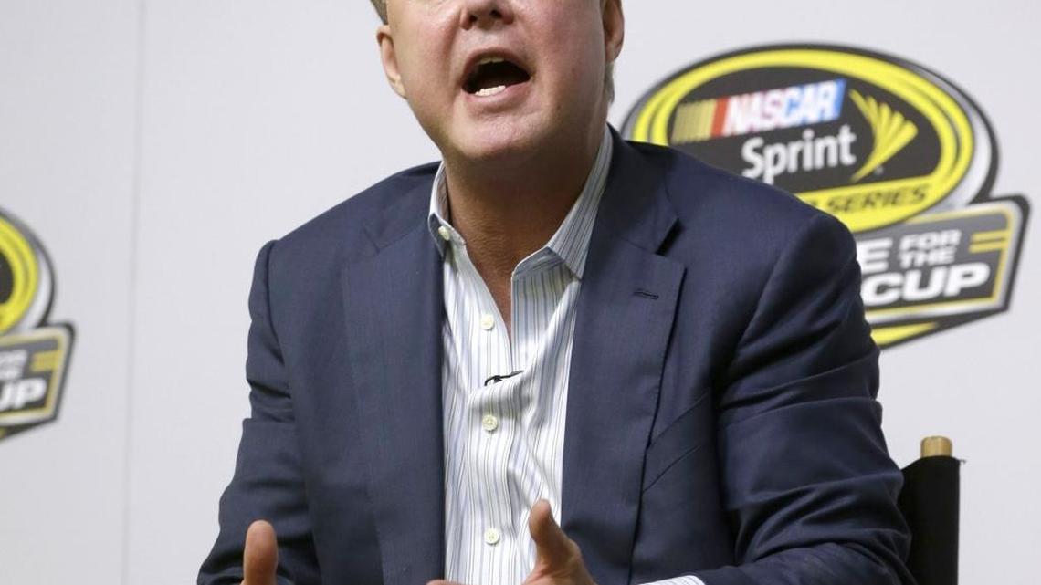Brian France, NASCAR chairman & CEO, talks to reporters at a news conference on Nov. 20, 2015. France said Friday that “we take the position that any discrimination, unintended or not, we do not like that and we are working behind the scenes, and we are not a political institution.”
