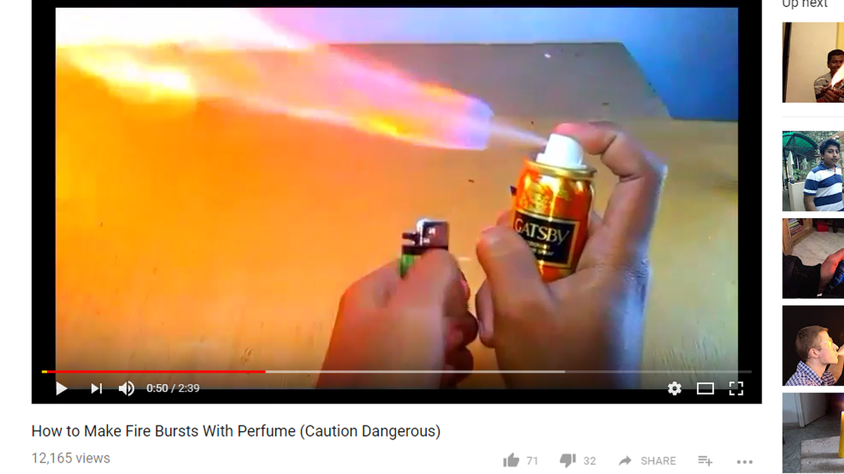 A lighter and some cologne are used in this YouTube video to create a flame thrower.