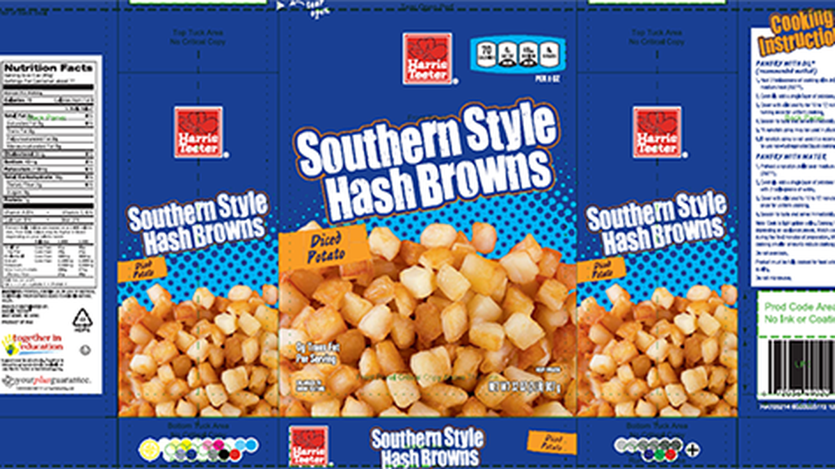 Potatoes in Harris Teeter’s 2-pound bag of Frozen Southern Style Hash Browns may have been harvested inadvertently with pieces of golf balls, according to the Food and Drug Administration.