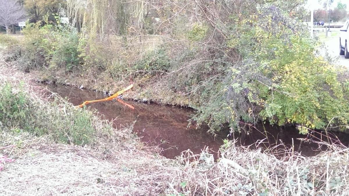 Diesel flows in the Little Sugar Creek at Pearl Street Park near the Metropolitan. Officials say a generator at NASCAR Plaza spilled 1,000 gallons of oil into the creek.