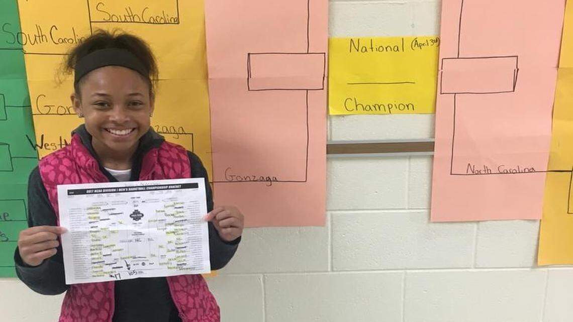 Sasha Anderson, 12, predicted the Final Four teams in this year’s NCAA tournament as part of a competition at her school.