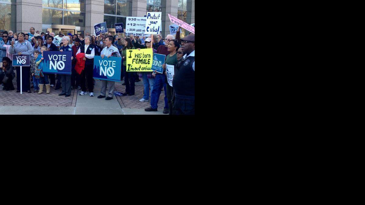 
A rally titled "Don't Do It Charlotte" convenes outside the Charlotte-Mecklenburg Government Center Monday afternoon March 2, 2015. The rally is a response to the Charlotte City Council public meeting Monday night to hear public input to their non-discrimination ordinance. 
