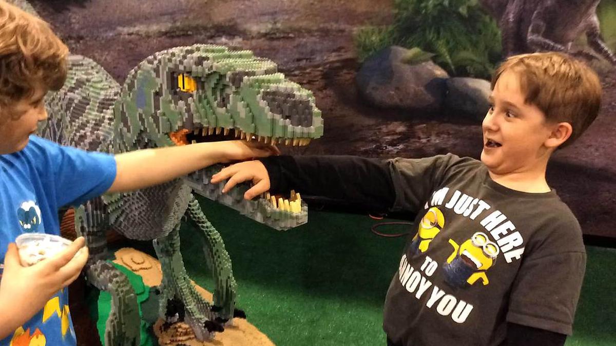 From left, S.C. residents and friends Justin Fort, 8, and James Laney, 9, check out the LEGO dinosaurs at LEGO KidsFest North Carolina at the Charlotte Convention Center on Saturday.
