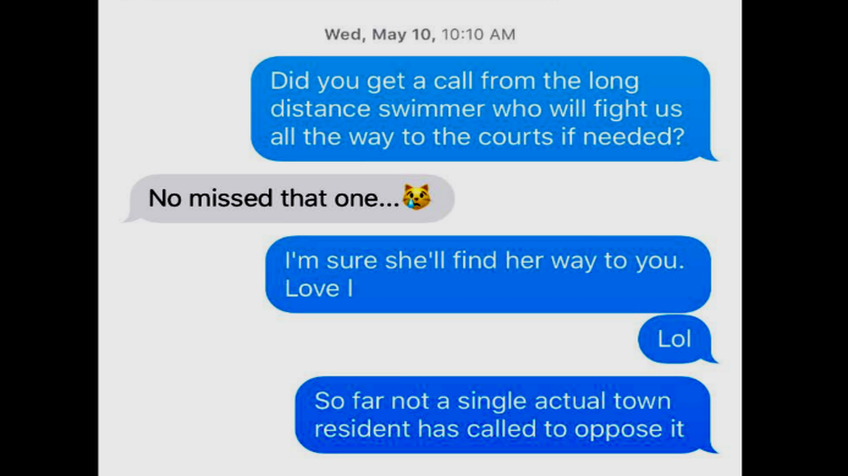 North Carolina law says texts like this, between government employees or elected officials, are part of the public domain. But, many local governments across the state aren’t following the law. Here, Mooresville Mayor Miles Atkins (texts in gray) and Commissioner David Coble (texts in blue) discuss a controversial rezoning request for land on Lake Davidson.