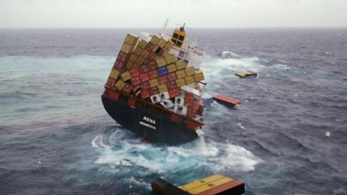 This is what it looks like when a cargo ship starts to spill it’s load. This photo records a case that happened off New Zealand in 2011, when 70 containers fell off the cargo ship Rena.