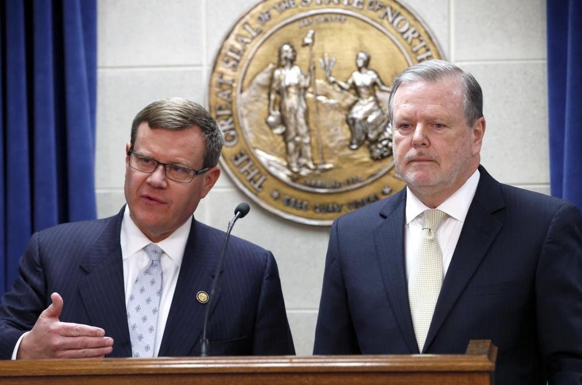 House Speaker Tim Moore, left, and Senate leader Phil Berger support an inquiry into state prison corruption.