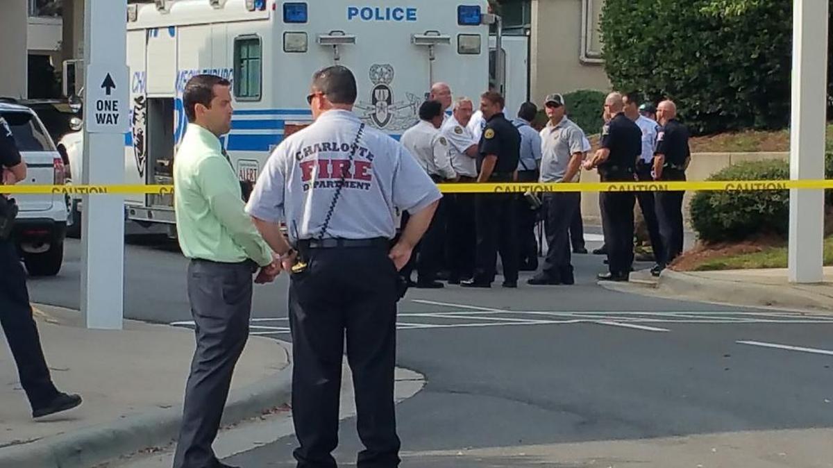 
Charlotte law officials and emergency personnel roped off a confined area of Carolinas Medical Center.
