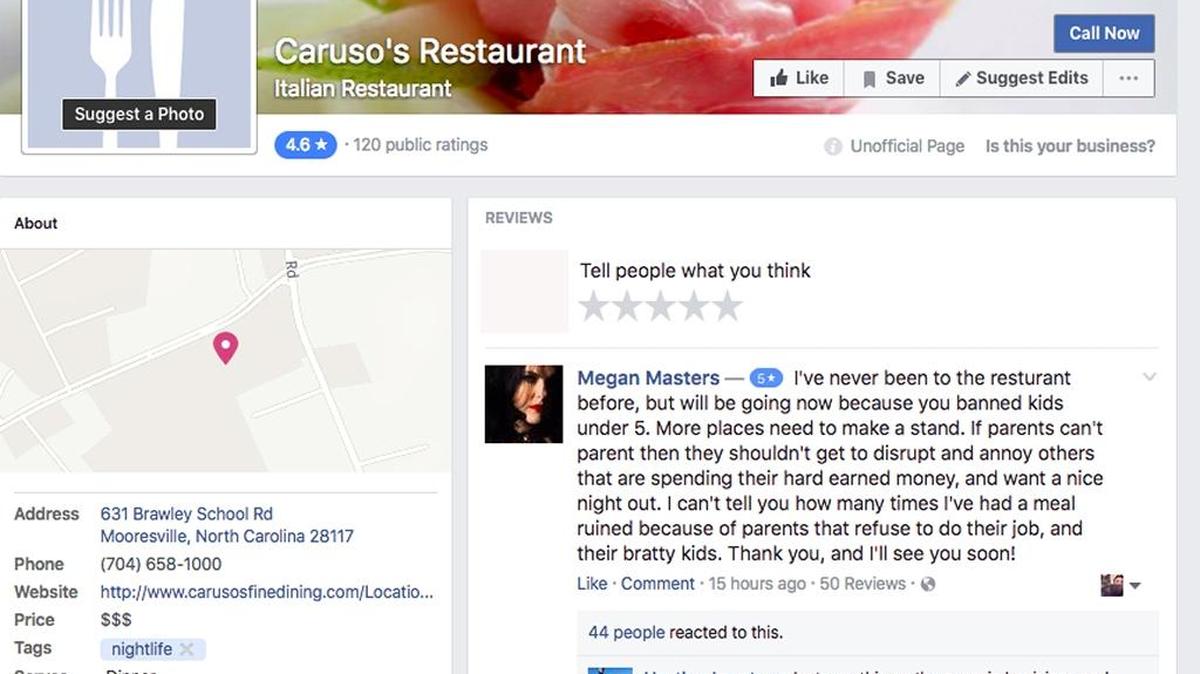 People left dozens of reviews on Caruso’s unofficial Facebook page to support or criticize the restaurant for its policy banning children under 5. Caruso’s does not have an official Facebook page.