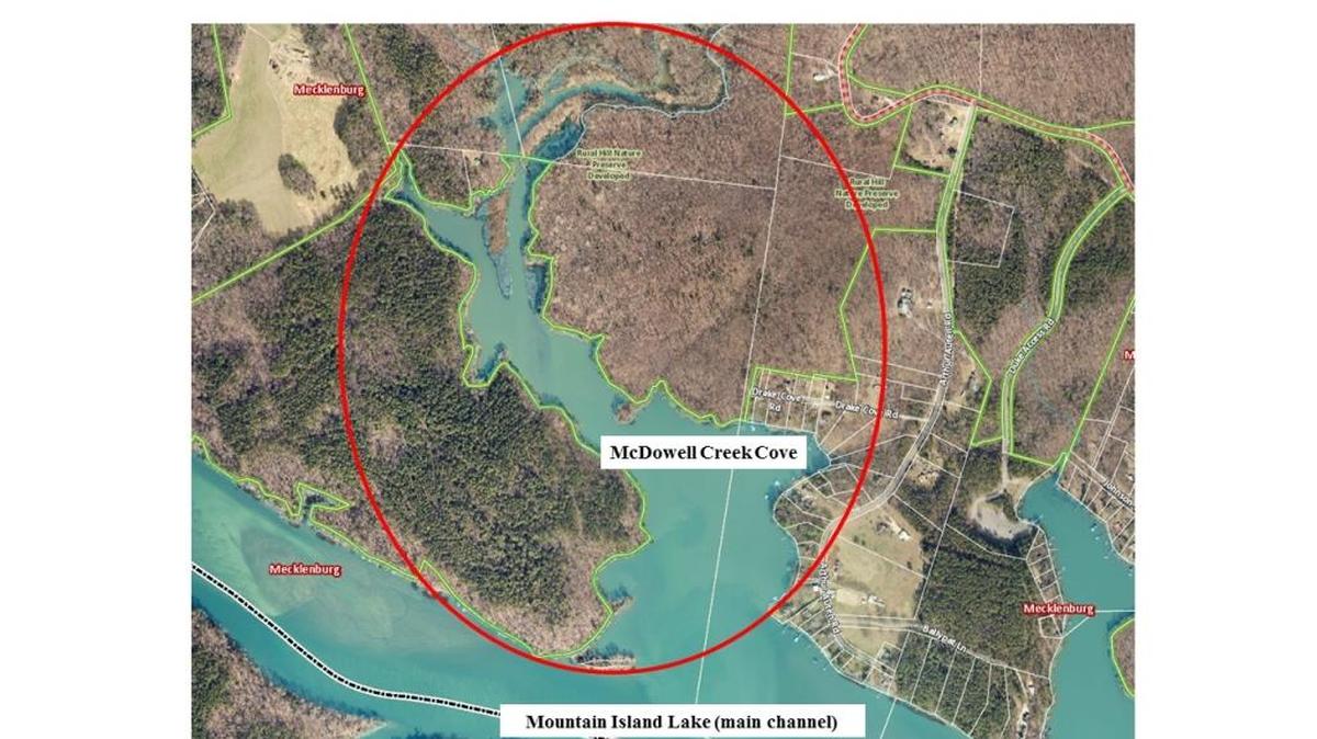 McDowell Creek Cove of Mountain Island Lake, shown in the red circle, has a “No Swimming” advisory due to contaminated water.