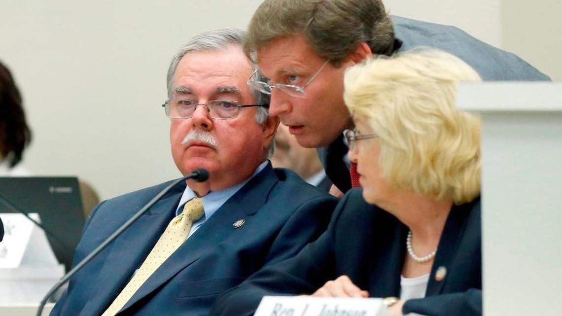 Former Rep. Nelson Dollar, center, and Rep. Linda Johnson, right, with Rep. Donny Lambeth. Dollar and Johnson say NCDOT officials misinterpreted a pay raise provision in the 2018 state budget that could shift roughly $115 million away from infrastructure needs.