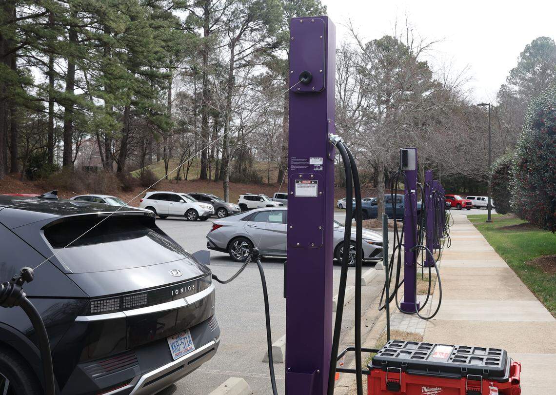 Electric vehicles charging stations at Atom Power in Huntersville on Tuesday, Feb. 24, 2026. Atom Power isn’t pivoting to data centers but expanding into the industry, company leaders stressed.
