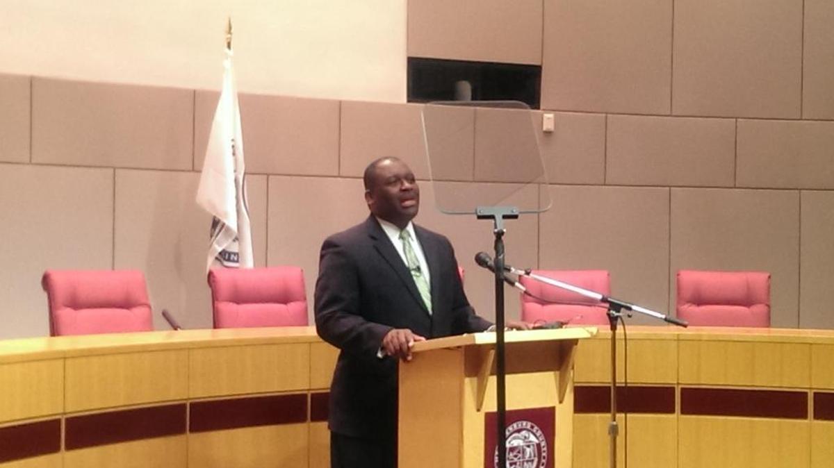 Mecklenburg County commissioners Chairman Trevor Fuller delivers the annual State of the County address at the government center in uptown.