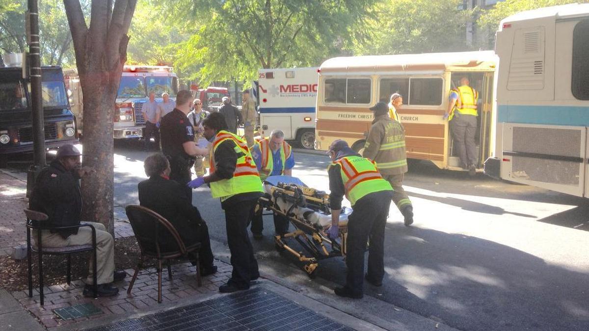 Several people were taken to the hospital from a wreck involving a CATS bus and a Freedom Christian Center bus on West Trade Street near Johnson & Wales University on Tuesday morning.
