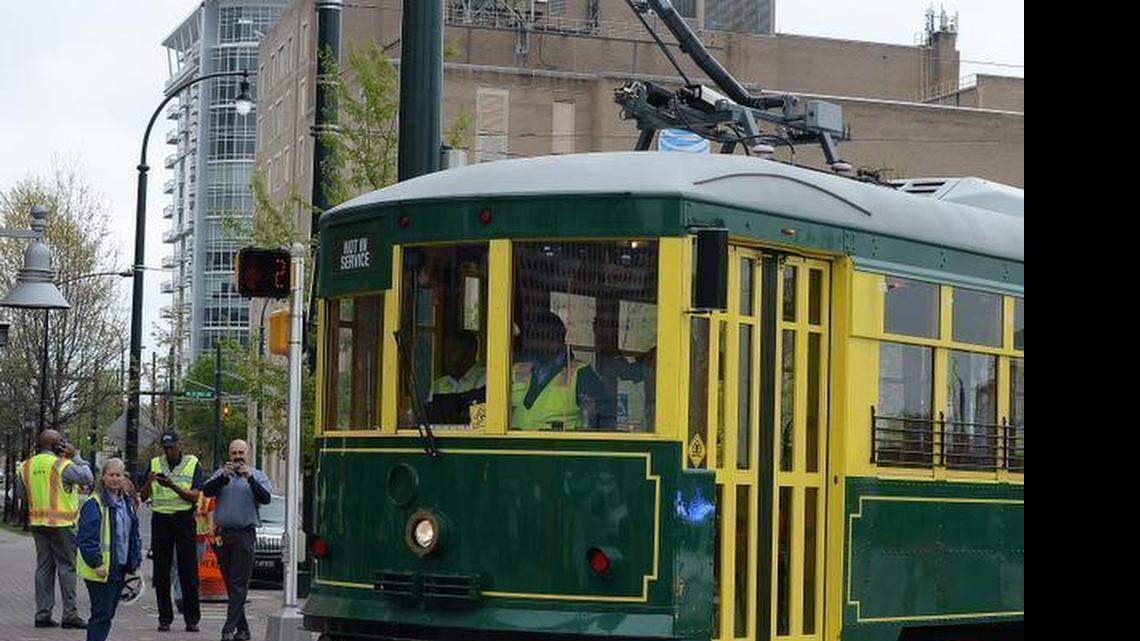 Charlotte Area Transit System officials test the CityLynx Gold Line streetcar in April. The streetcar traveled along Caldwell Street to Trade Street, operating alongside uptown traffic.

