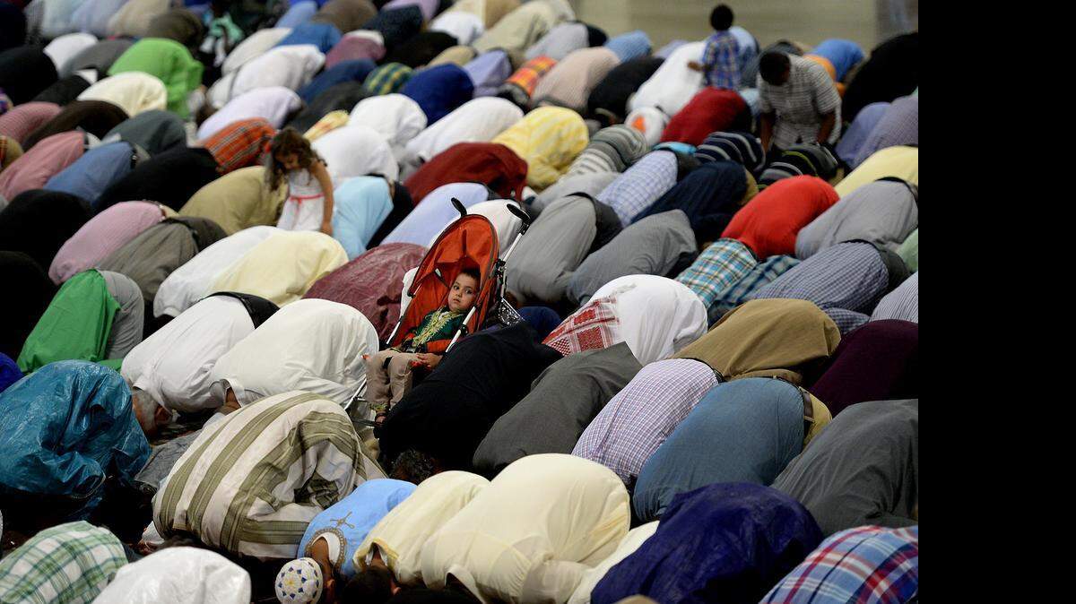
A small child, center, sits in a stroller among worshipers on Friday as Charlotte-area Muslims gathered in Concord to mark the end of the hoy month of Ramadan. 
