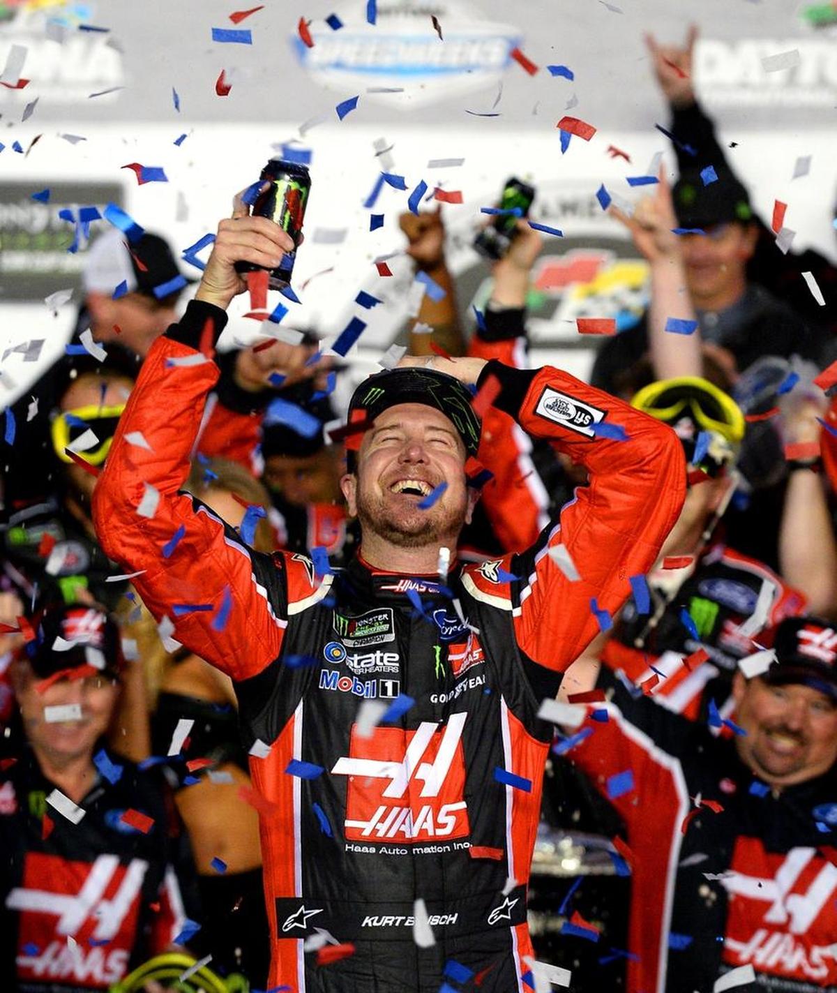NASCAR driver Kurt Busch closes his eyes and celebrates winning the Daytona 500 on Feb. 26 at Daytona International Speedway.