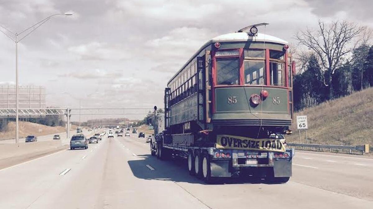 Streetcar No. 85 on flat-bed truck bound for North Carolina Transportation Museum in Spencer.