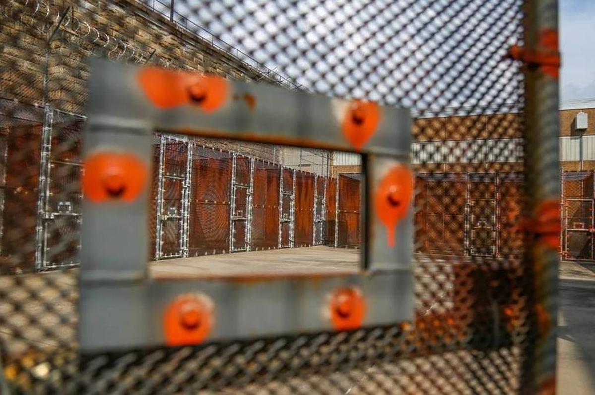 A view from inside one of the steel recreation cages used by inmates in solitary confinement at Central Prison in Raleigh.