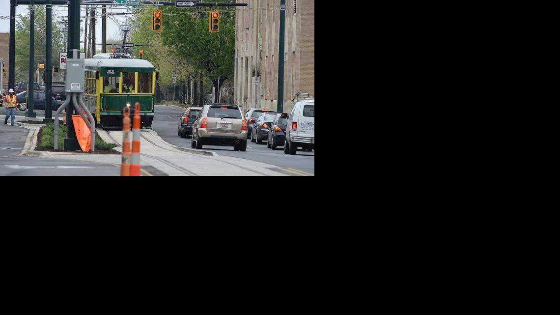 
Charlotte Area Transit System officials were out this morning, Tuesday, April 7, 2015 testing the new CityLynx Gold Line streetcar as a part of the first phase of construction. The streetcar traveled along Caldwell Street to Trade Street, operating alongside uptown traffic.
