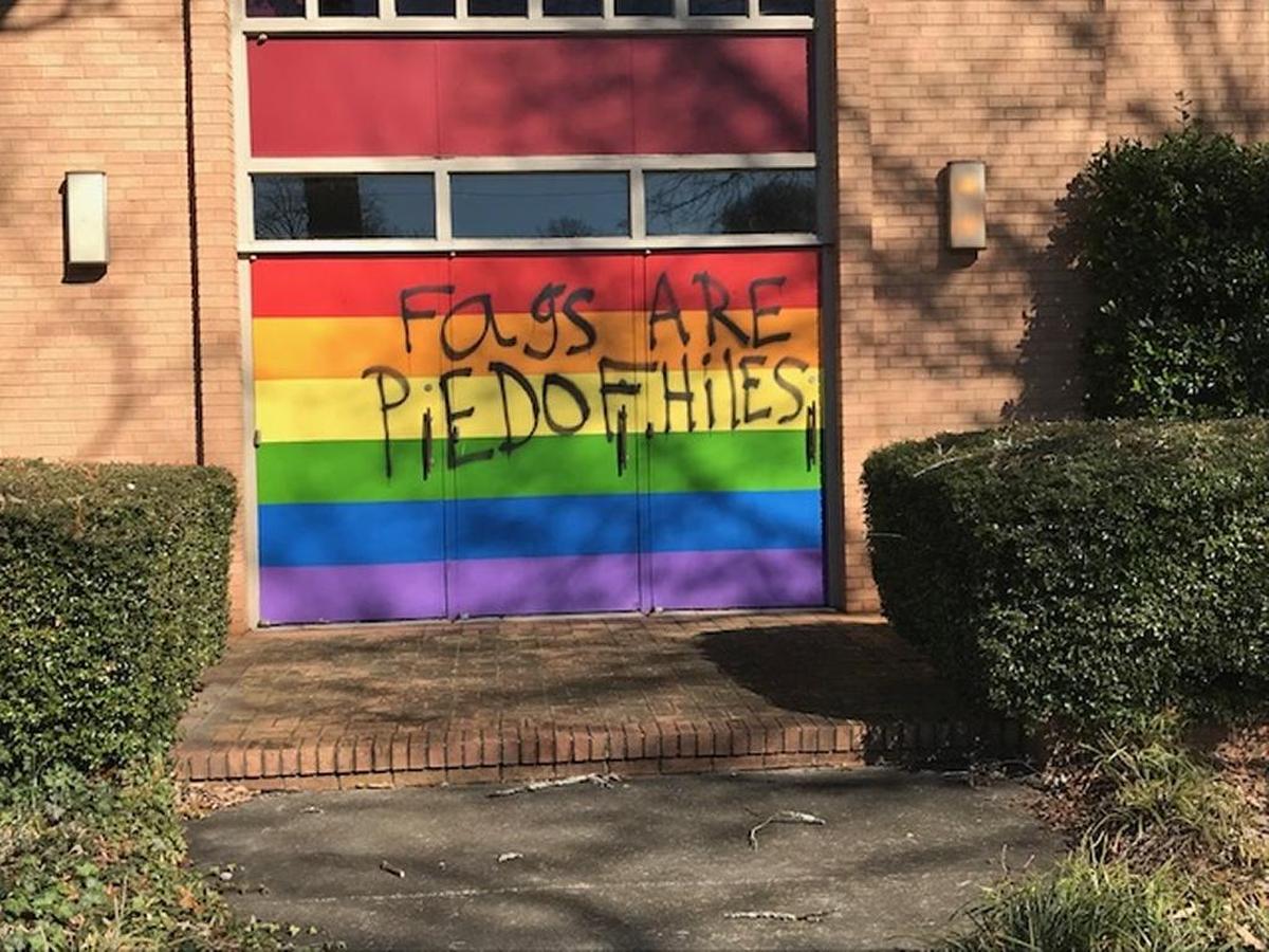 The doors of Wedgewood Church in Charlotte were vandalized with anti-gay graffiti.