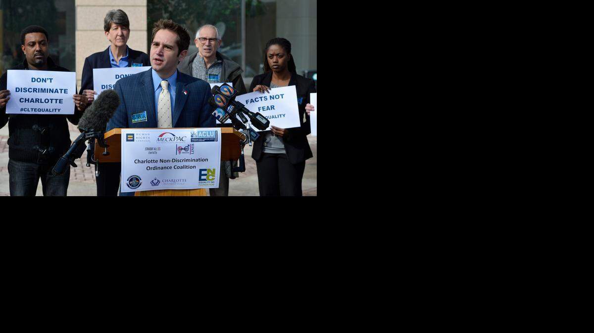 
Chris Sgro, executive director of Equality North Carolina, speaks at the Charlotte Non-Discrimination Ordinance Coalition press conference at the Charlotte-Mecklenburg Government Center Monday, March 02, 2015. The group is calling on Charlotte City Council to pass an ordinance banning discrimination of lesbians, gays, bisexuals and transgender individuals.
