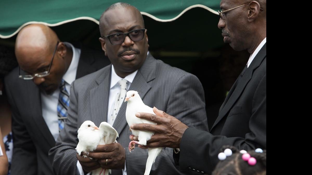 
Malcolm Graham, center, prepares to release one of nine doves after the funeral for his sister, Cynthia Hurd, at the Emanuel AME Church cemetery in Charleston, S.C. Hurd was one of the nine bible study worshippers killed in Charleston. (Photo by Mic Smith)
