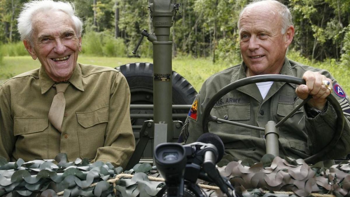 Mason “Mickey” Dorsey (left) in the film “Six Million and One.” Dorsey was a World War II hero, whose unit helped free thousands of Jewish prisoners from a Nazi concentration camp in 1945.