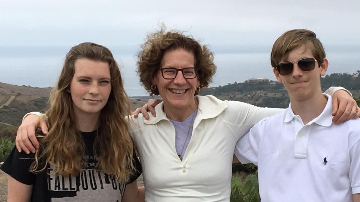 Nancy Crown, with daughter, Molly, and son, Sam, on Friday after hiking in California. Crown died unexpectedly on Saturday.