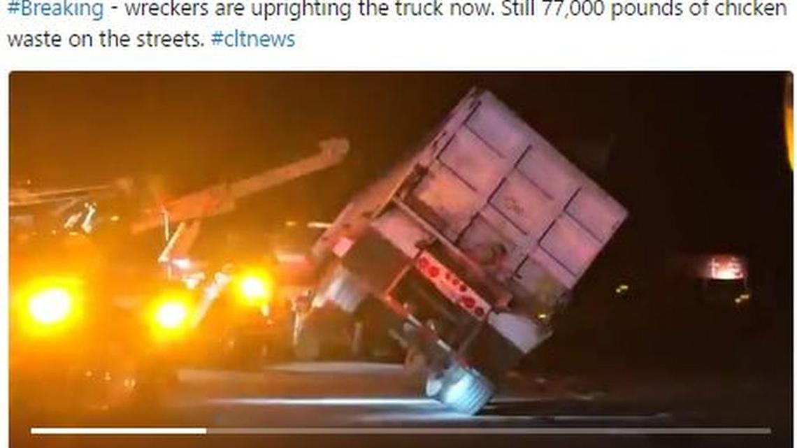 About 77,000 pounds of chicken sludge spewed onto Interstate 40 in Catawba County late Tuesday from an overturned 18-wheeler.