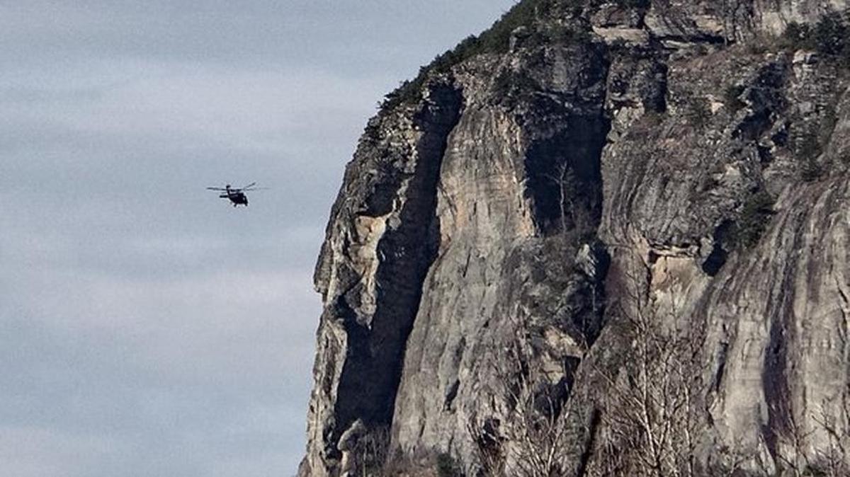 This N.C. National Guard helicopter is shown at Shortoff Mountain on Saturday afternoon, where the crew rescued an injured climber.