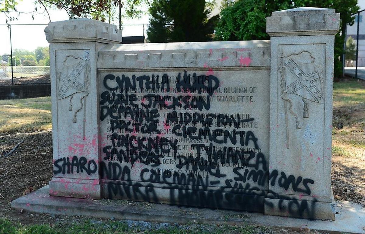 A Confederate monument in Charlotte was vandalized twice after the 2015 massacre of nine people by a white supremacist in Charleston. A monument in Cornelius was found spray painted Sunday following violence in Charlottesville, Va., that left one person dead and dozens injured.